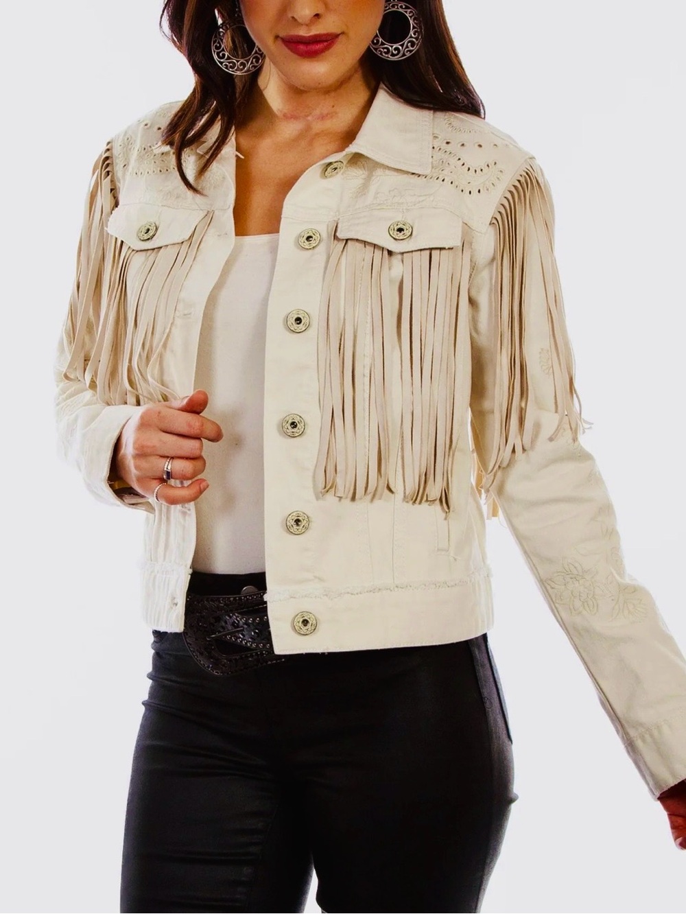 Scully Cream Fringe Embroidered Denim Jacket